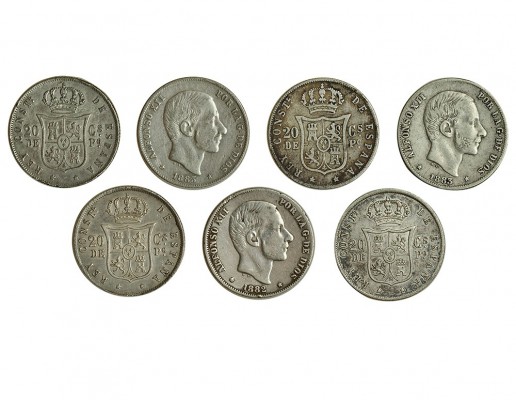7 monedas de 20 centavos de peso. Manila. 1881, 1882 (2), 1883 (2) y 1885 (2). M...