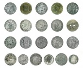 21 monedas: 2 pesetas (18) y 1 peseta (3). Falsas de época en diferentes metales. Gobierno Provisonal (14) y Alfonso XII (6). Una con dos agujeros. De...