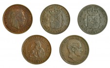 Colección de 5 monedas de 10 céntimos. 1870, 1875, 1877, 1878 y 1879. De MBC a EBC-.