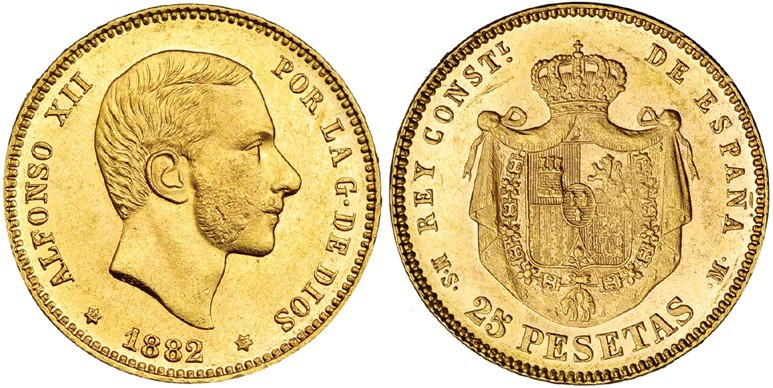25 pesetas. 1882 *18-82. Madrid. MSM. VII-111. B.O. SC. Muy escasa.
