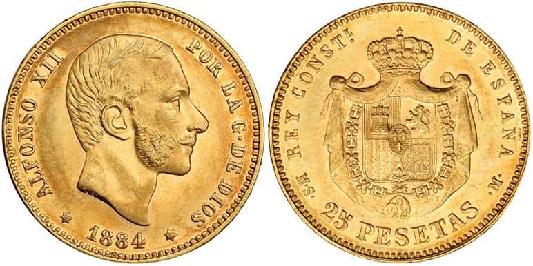 25 pesetas. 1884 *18-84, números de las estrellas muy tenues. Madrid. MSM. VII-1...