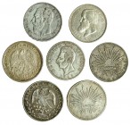 7 monedas módulo duro: Bélgica, 1973; Brasil, 1888; Ecuador, 1943; México, 1894-Gº, 1882-Mº, 1888-Mº y 1898-Mº. MBC/EBC-.