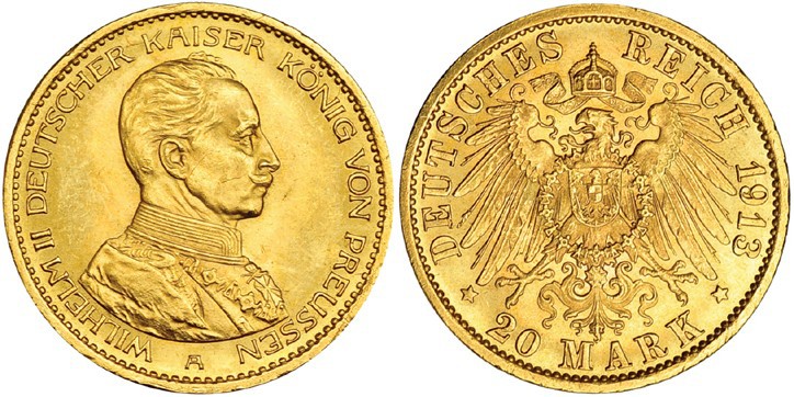 ESTADOS ALEMANES. Prusia. 20 marcos. 1913. A. KM-537. SC.