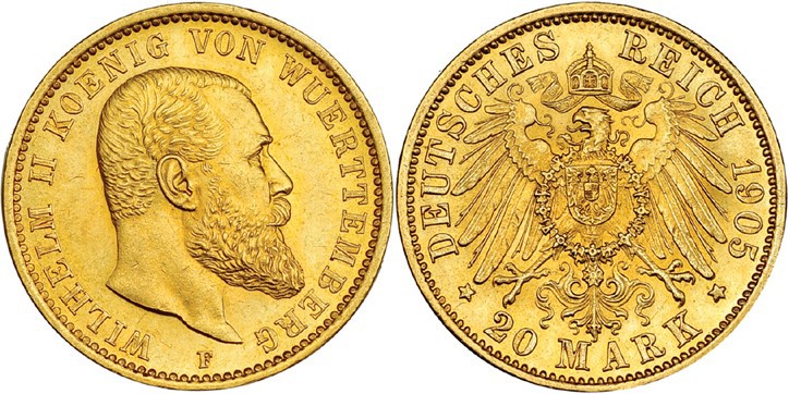 ESTADOS ALEMANES. Württemberg. 20 marcos. 1905. F. KM-634. SC.