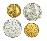 BÉLGICA. 4 monedas de ECU: 50 ECU de oro (2), 1987, KM-167; 5 ECU de plata (2), 1987, KM-166. SC.