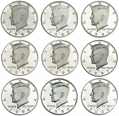 ESTADOS UNIDOS DE NORTEAMÉRICA. Lote de 9 monedas de 1/2 dólar. 1992-2000. Acuña...