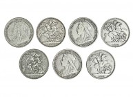 GRAN BRETAÑA. Lote de 7 monedas de 1 corona: 1893 (3), 1845, 1896 y 1898 (2). KM-783. MBC-/MBC.
