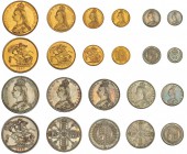 GRAN BRETAÑA. Victoria. Set del Jubileo en oro y plata. 1887. 5 y 2 libras, 1 y 1/2 soberano, corona, doble florín, 1/2 corona, florín, chelín, 6 peni...