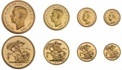GRAN BRETAÑA. Jorge VI. Set en oro. 1937. 5 y 2 libras y 1 y 1/2 soberanos. KM-858 a 861. 4 monedas en su estuche original. Prueba. Rara.