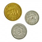 GROENLANDIA. Lote de 3 monedas: 5 kroner, 1994; 2 kroner, 1922 y 25 ore, 1926. KM-9, TN-48 y 6. MBC+/EBC-.