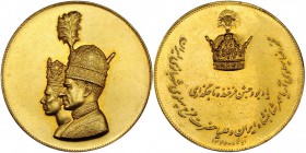 IRÁN. Medalla de coronación de Mohammad Reza Pahlevi, SH 1346 (1967). A/ Bustos superpuestos del Shah y la emperatriz Farah Diba. AU 34,9 g. Ø36,32 MM...