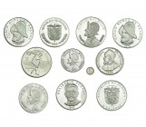 PANAMÁ. Lote de 11 monedas diferentes: 5 balboas, 1970, 1975, 1979 y 1983; balboa, 1966, 1975, 1976 y 1983; 50 céntimos, 1904; 1/2 balboa, 1962 y 2 1/...