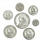 VATICANO. Lote de 7 monedas: 5 liras, 1870; 2 1/2 liras, 1867; 2 liras, 1870; 1 lira, 1866; 20 baiocchi, 1850; 10 baiocchi 1864 y 5 baiocchi, 1858. Pí...
