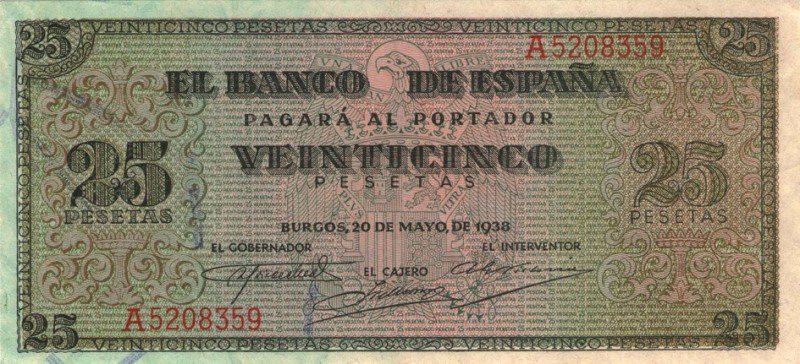 25 pesetas. 5-1938. Serie A. ED-D31. Manchitas en el rev. Plancha.