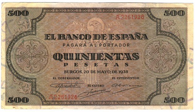 500 pesetas. 5-1938. Serie A. ED-D34. Sin restaurar. MBC+.