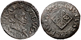 164 (sic). Guerra dels Segadors. Vic. 1 diner. (Cal. tipo 131, falta var) (Cru.Segadors 190c) (Cru.C.G. 4678d). 0,78 g. Busto de Felipe IV. A nombre d...