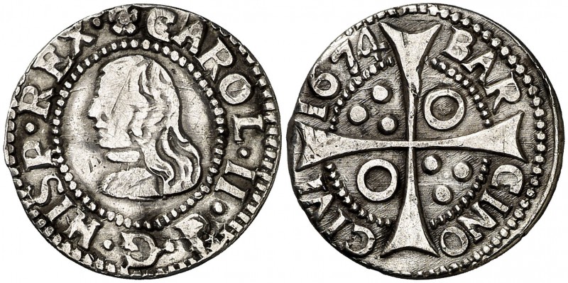 1674. Carlos II. Barcelona. 1 croat. (Cal. 662) (Cru.C.G. 4904). 2,83 g. Punto d...