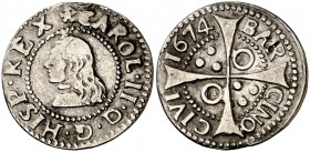 1674. Carlos II. Barcelona. 1 croat. (Cal. 662) (Cru.C.G. 4904). 2 g. Hojita en reverso. MBC.