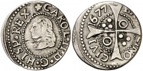 1677. Carlos II. Barcelona. 1 croat. (Cal. 664) (Cru.C.G. 4904j). 2,31 g. Ex Áureo 25/10/2006, nº 330. Escasa. MBC-.