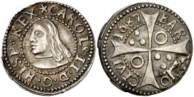 1687. Carlos II. Barcelona. 1 croat. (Cal. 668) (Cru.C.G. 4905). 2,67 g. Pequeño exceso de plata en reverso. Bella. Preciosa pátina. Rara así. EBC.