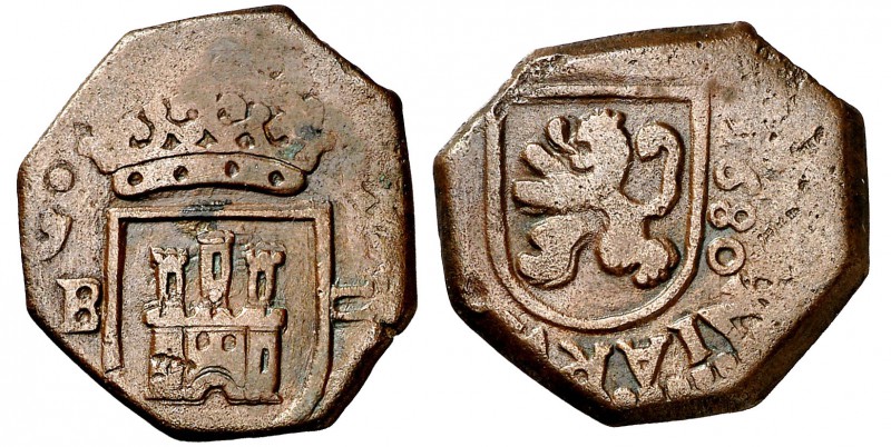 1680. Carlos II. Burgos. 2 maravedís. (Cal. 860) (J.S. N-01). 5,59 g. Octogonal....