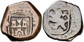1680. Carlos II. Coruña. 2 maravedís. (Cal. 863) (J.S. N-06). 5,53 g. Venera distinta. Cola del león hacia dentro. Rara. MBC-/BC+.