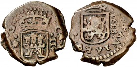 1685. Carlos II. Coruña. 2 maravedís. (Cal. 868) (J.S. N-16). 6 g. Visible parte del nombre del rey. Gráfila de puntos gruesos. MBC.