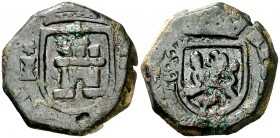1680. Carlos II. Cuenca. 2 maravedís. (Cal. 873 var) (J.S. N-26). 6,19 g. Fecha a izquierda. Rara. MBC-.
