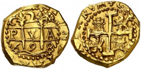 1698. Carlos II. Cuzco. M. 2 escudos. (Cal. 122) (Tauler 182a). 6,78 g. Cospel grueso. Bellísima. Muy rara y más así. S/C.