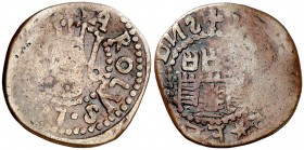 s/d. Carlos II. Eivissa. 1 sou. (Cal. 884) (Cru.C.G. 3713 var). 2,09 g. Busto grande. BC+.