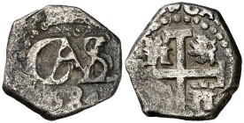 1684. Carlos II. Lima 1/2 real. (Cal. 785) (Paoletti pág. 93). 1,68 g. Visible parte del nombre del rey. Rara. MBC-.