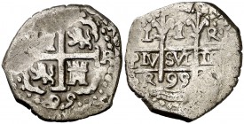 1695. Carlos II. Lima. R. 1 real. (Cal. 686). 2,91 g. Doble fecha y triple ensayador. MBC.
