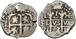 1697. Carlos II. Lima. H. 1 real. (Cal. 688). 3,08 g. Doble fecha, una parcial y doble ensayador. MBC.