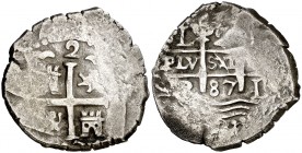 1687. Carlos II. Lima. R. 2 reales. (Cal. 561). 6,50 g. Doble fecha, una parcial. MBC-.