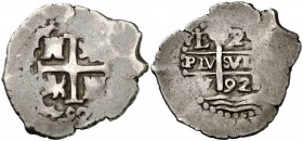 1692. Carlos II. Lima. V. 2 reales. (Cal. 565). 6,45 g. Doble fecha. MBC-.