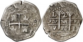 1693. Carlos II. Lima. V. 2 reales. (Cal. falta) (Kr. 21). 4,36 g. Oxidaciones. Muy rara. MBC-.