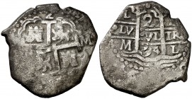 1694. Carlos II. Lima. M. 2 reales. (Cal. 567). 6,25 g. Doble fecha y triple ensayador. MBC-.