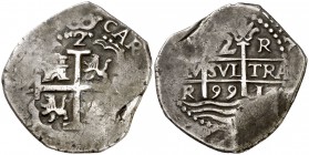 1699. Carlos II. Lima. R. 2 reales. (Cal. 573). 6,68 g. Doble ensayador. Pátina. MBC.