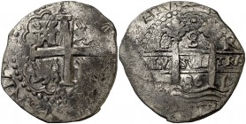 1686. Carlos II. Lima. R. 8 reales. (Cal. 229). 25,78 g. Doble fecha. Limpiada. MBC-.