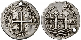 1686. Carlos II. Lima. R. 8 reales. (Cal. 217) (Lázaro 2). 26,46 g. Redonda. Tipo de presentación real. Perforación, habitual en estas piezas. Muy rar...