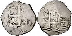 1687. Carlos II. Lima. R. 8 reales. (Cal. 230). 27,14 g. Doble fecha. Rara. MBC.