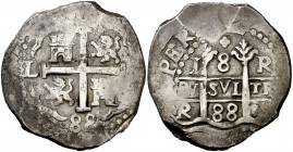 1688. Carlos II. Lima. R. 8 reales. (Cal. 231). 27,10 g. Doble fecha. Manchitas. Ex Colección Virrey Toledo 25/04/2007, nº 182. Rara. (MBC+).