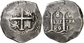 1689. Carlos II. Lima. V. 8 reales. (Cal. 232). 26,71 g. Doble fecha. MBC-.