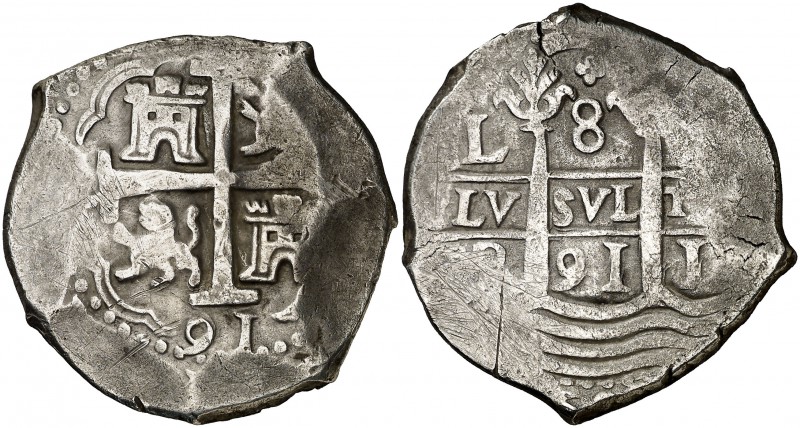 1691. Carlos II. Lima. R. 8 reales. (Cal. 234). 27,21 g. Rayitas. Doble fecha. E...