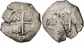 1692. Carlos II. Lima. V. 8 reales. (Cal. 235). 27,22 g. Doble fecha. Dos grietas de acuñación. (MBC).