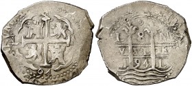 1694. Carlos II. Lima. M. 8 reales. (Cal. 238). 27,02 g. Doble fecha. MBC.