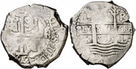 1699. Carlos II. Lima. R. 8 reales. (Cal. 245). 27,24 g. Visible el nombre y ordinal del rey. Triple fecha, una parcial. MBC-.