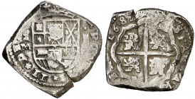 1681. Carlos II. (Madrid). M. 4 reales. Inédita. 12,84 g. Con el escusón de Portugal. Todos los datos perfectos. Visible parte del nombre y ordinal de...