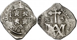 Carlos II. (Madrid). . 4 reales. (Cal. tipo 86). 10,57 g. Tipo "María". Fecha no visible. Rara. MBC.