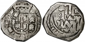 (1699). Carlos II. M(D) (Madrid). . 8 reales. (Cal. 253). 19,87 g. Tipo "María". Doble acuñación en ambas caras. Muy rara. MBC-.